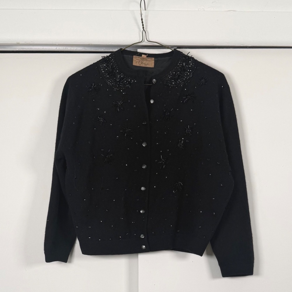 Vintage Indie Ohrbachs Beaded‎ Cardigan Lambswool Angora Black Mid Century Japan